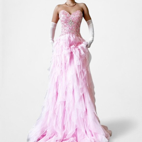 Vintage Pastel Pink Strapless Beaded Ruffle Fit Flared Formal Prom Dress Size M - Picture 3 of 8